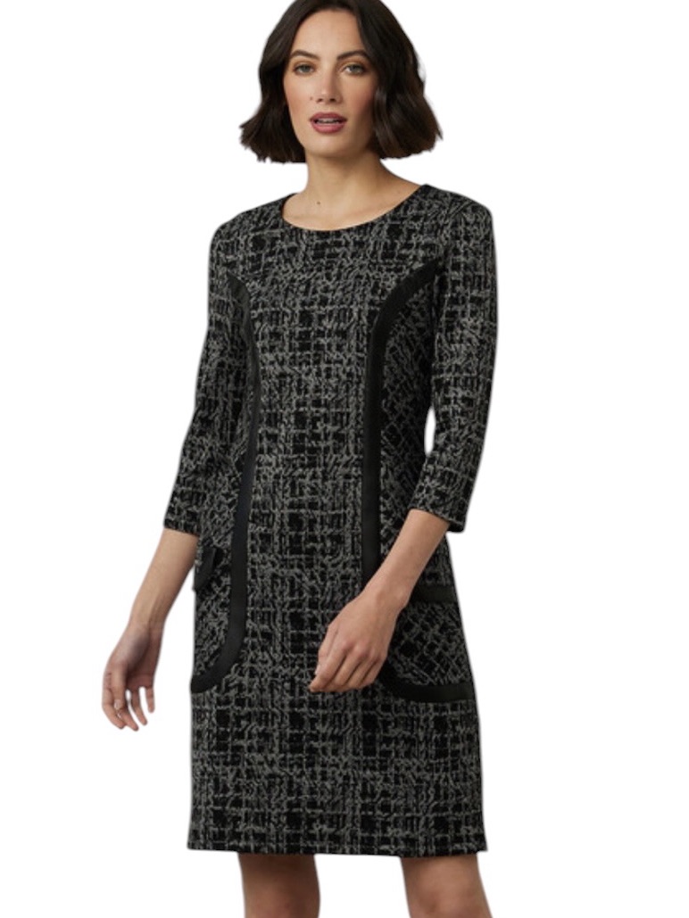Joseph Ribkoff Knit 3/4 Sleeve Printed Dress Faux Leather Trim Black Size 8